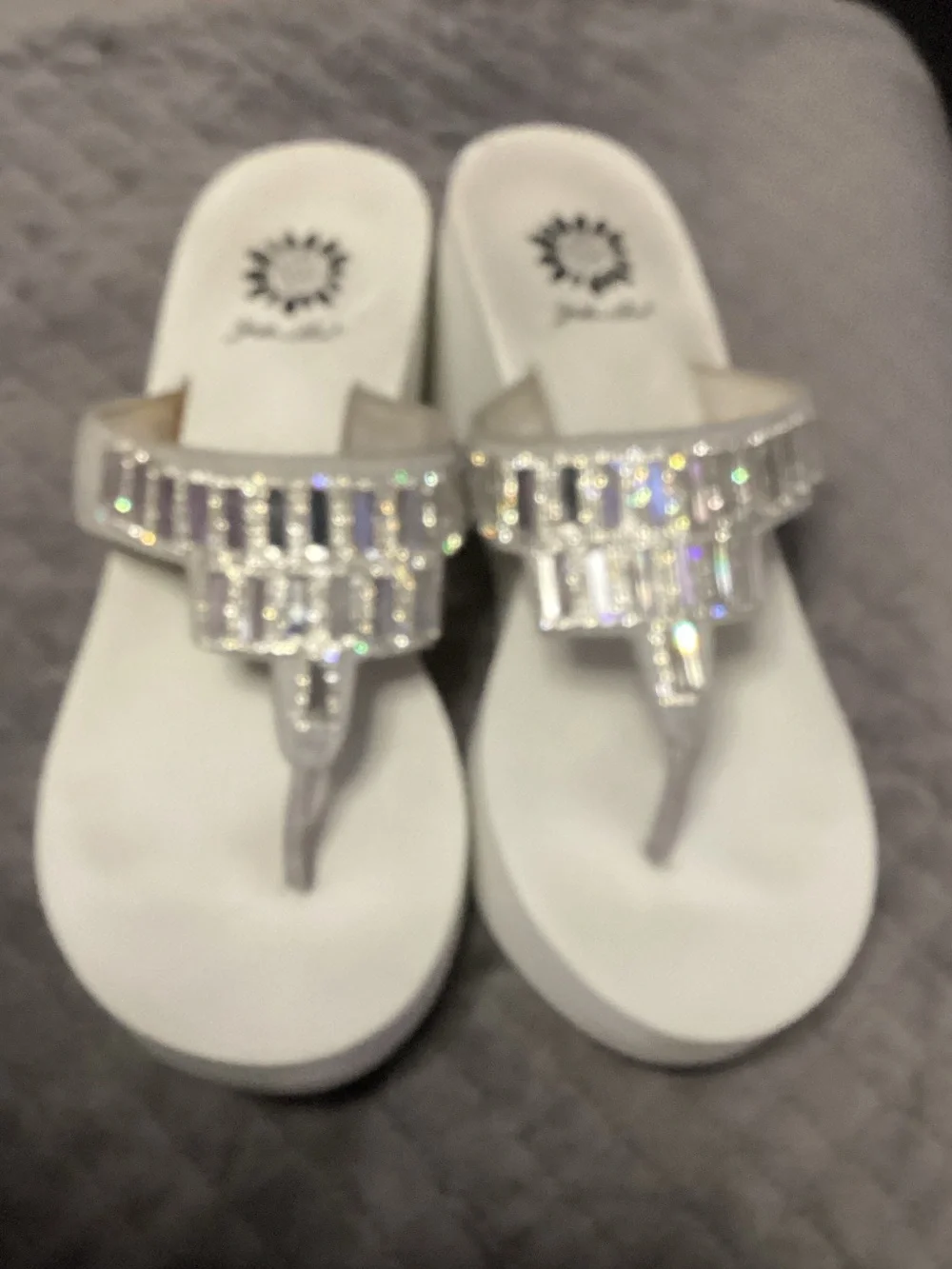 Women's Yellow Box - White Wedge Thong Sandals - size 8.5
